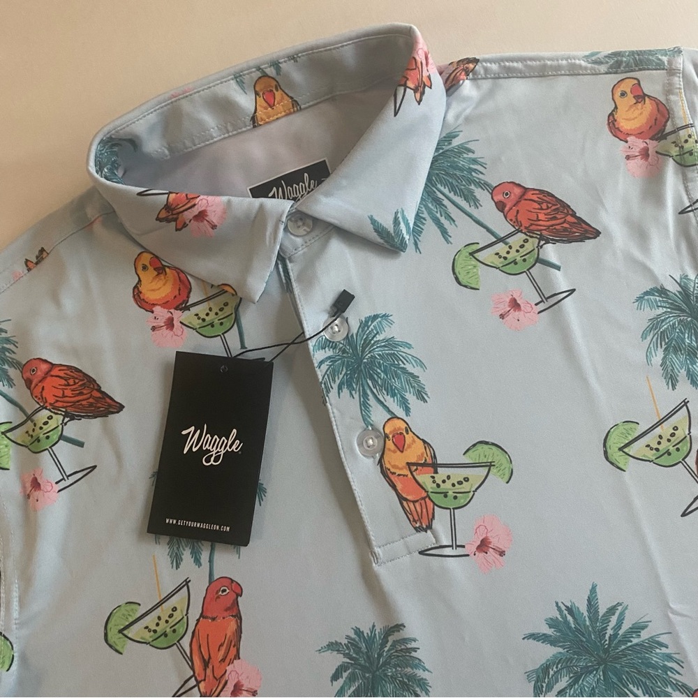 Waggle Golf Polo Mens S SLIM Palm Margarita Drink Parrot Bird Performance Shirt